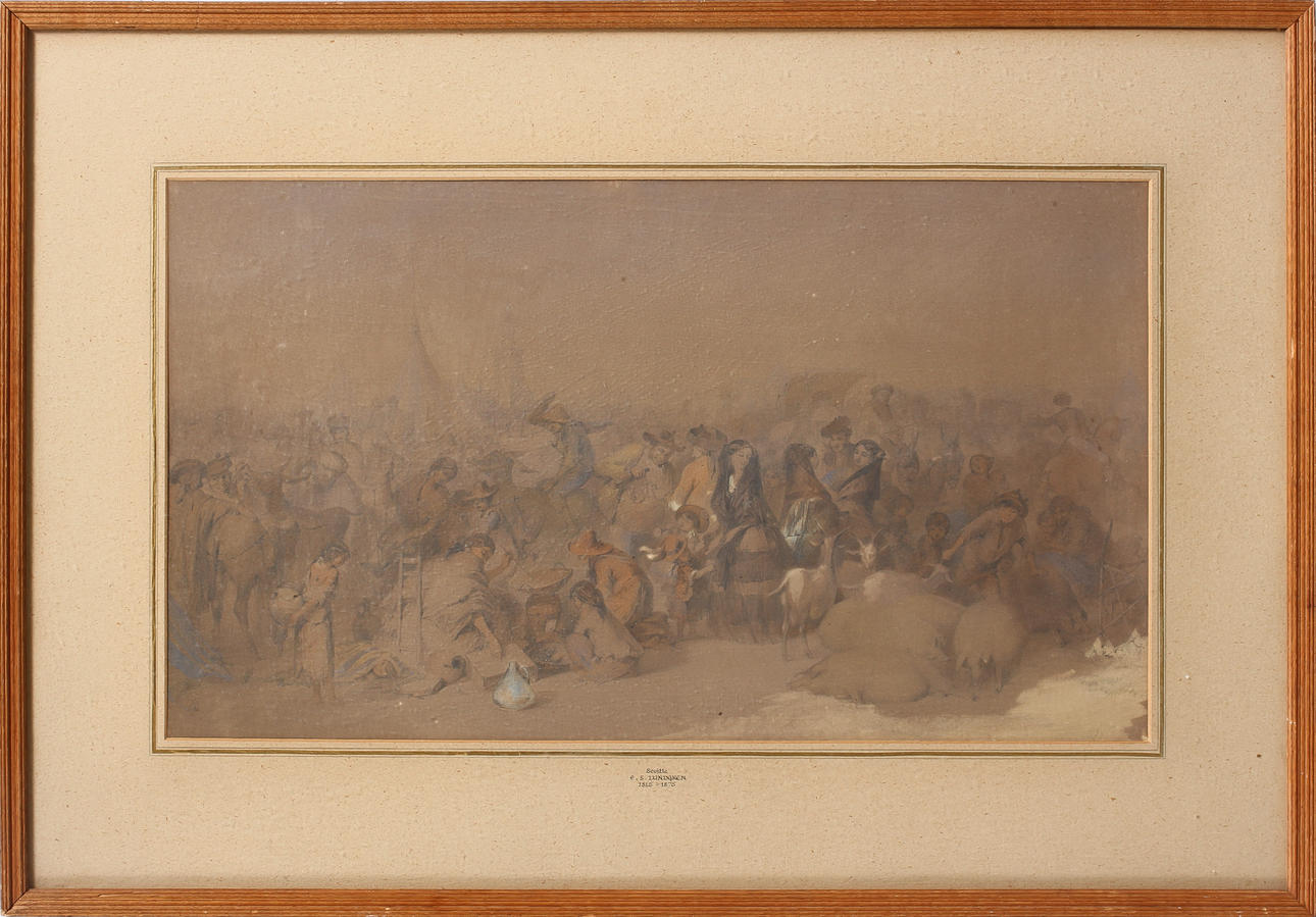 EGRON LUNDGREN. TILLSKRIVEN. Fiesta, Sevilla. Akvarell, blyerts och täckvitt.