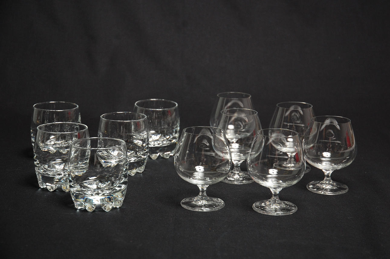 COGNACSKUPOR, WHISKEYGLAS, 11 delar.