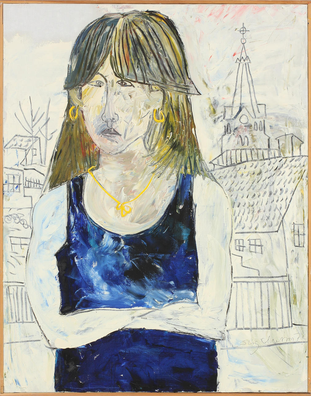 STIG CLAESSON (SLAS). Modell med Stockholm och Sofia kyrka i fonden. Olja och krita på duk, signerad och daterad 79.