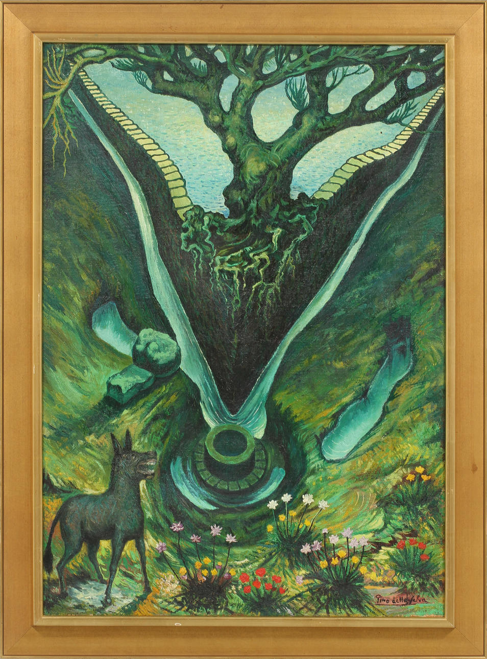 PINO DELLA SELVA. Fantasimotiv, olja på duk, signerad.