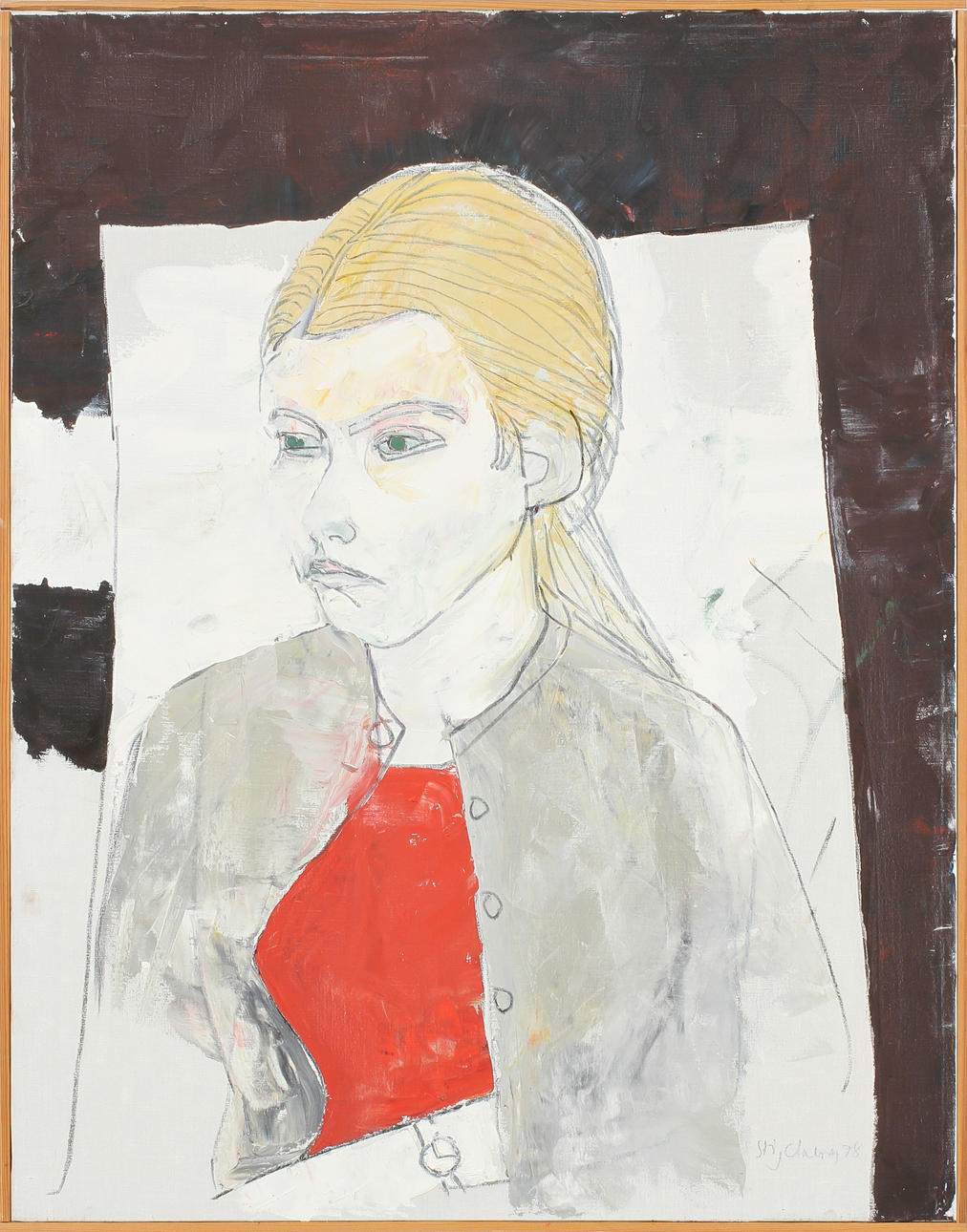 STIG CLAESSON (SLAS). Modell i röd tröja. Olja och krita på duk, signerad och daterad 78.