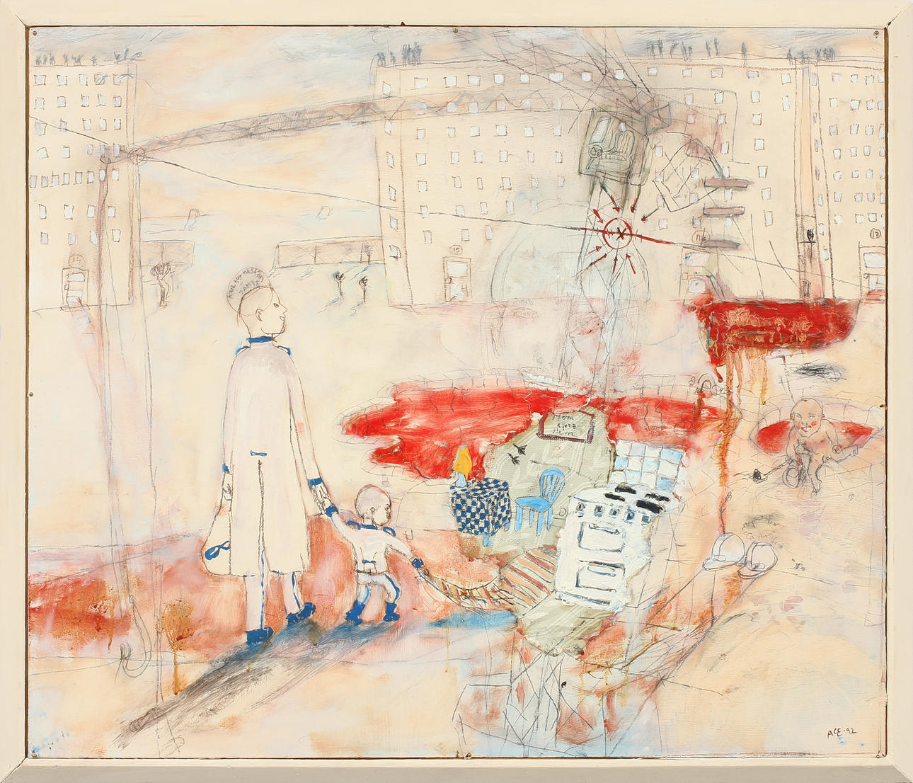 ANNA-CARIN ENGLUND. Building. Mixed media with collage on Board, so-called counting, signed and dated -92.