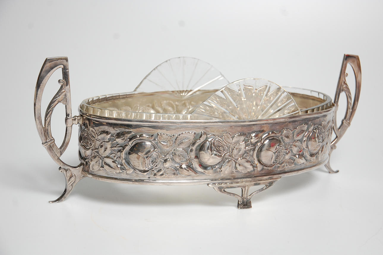 JARDINJÄR nysilver, glas, märkt TH Sörensen.