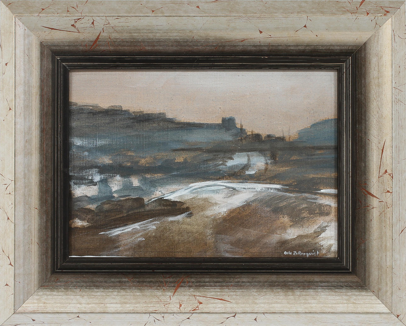 OLLE ZETTERQVIST. "In mot staden", acryl på pannå, signerad.