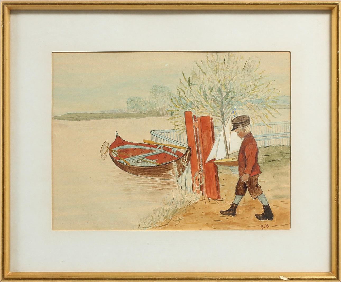 OIDENTIFIERAD KONSTNÄR. Pojke med segelbåt, akvarell, signerad F.P.