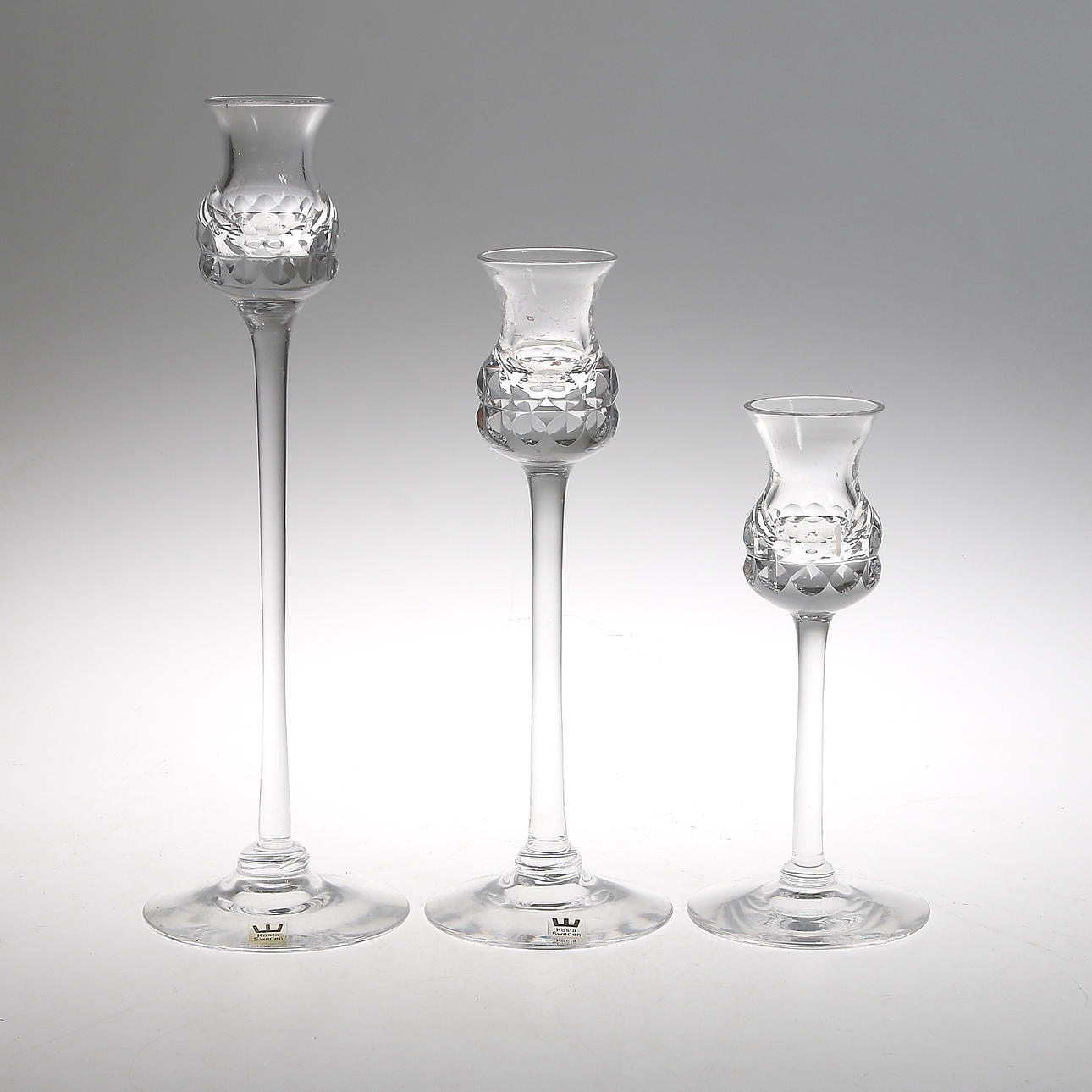LJUSSTAKAR, 3 st, kristall, "Prince", Göran Wärff, Kosta. 1900-tal, signerade.