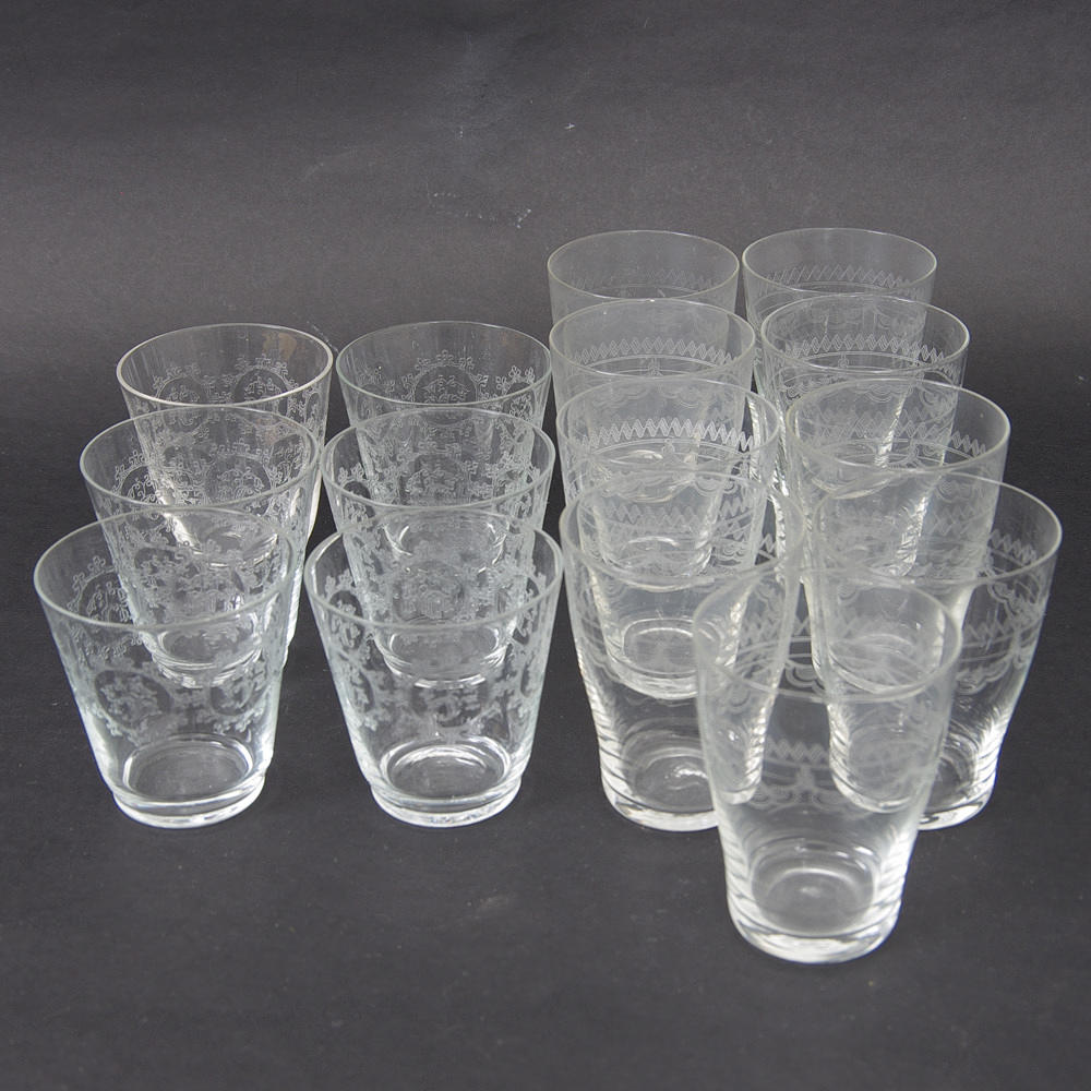 SELTERGLAS, 6+9 stycken, etsad dekor.