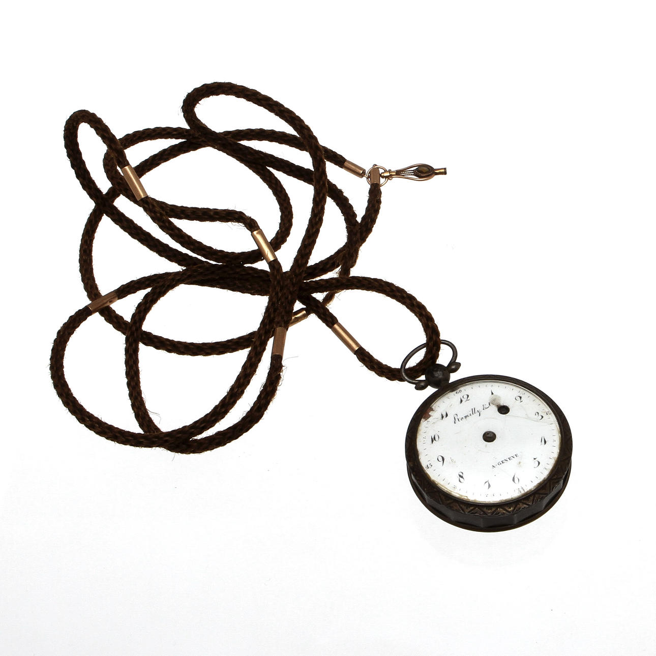 FICKUR, silver, Romilly, Geneve, samt HÅRLÄNK med nyckel, delvis 14k, 1800-talets första hälft.