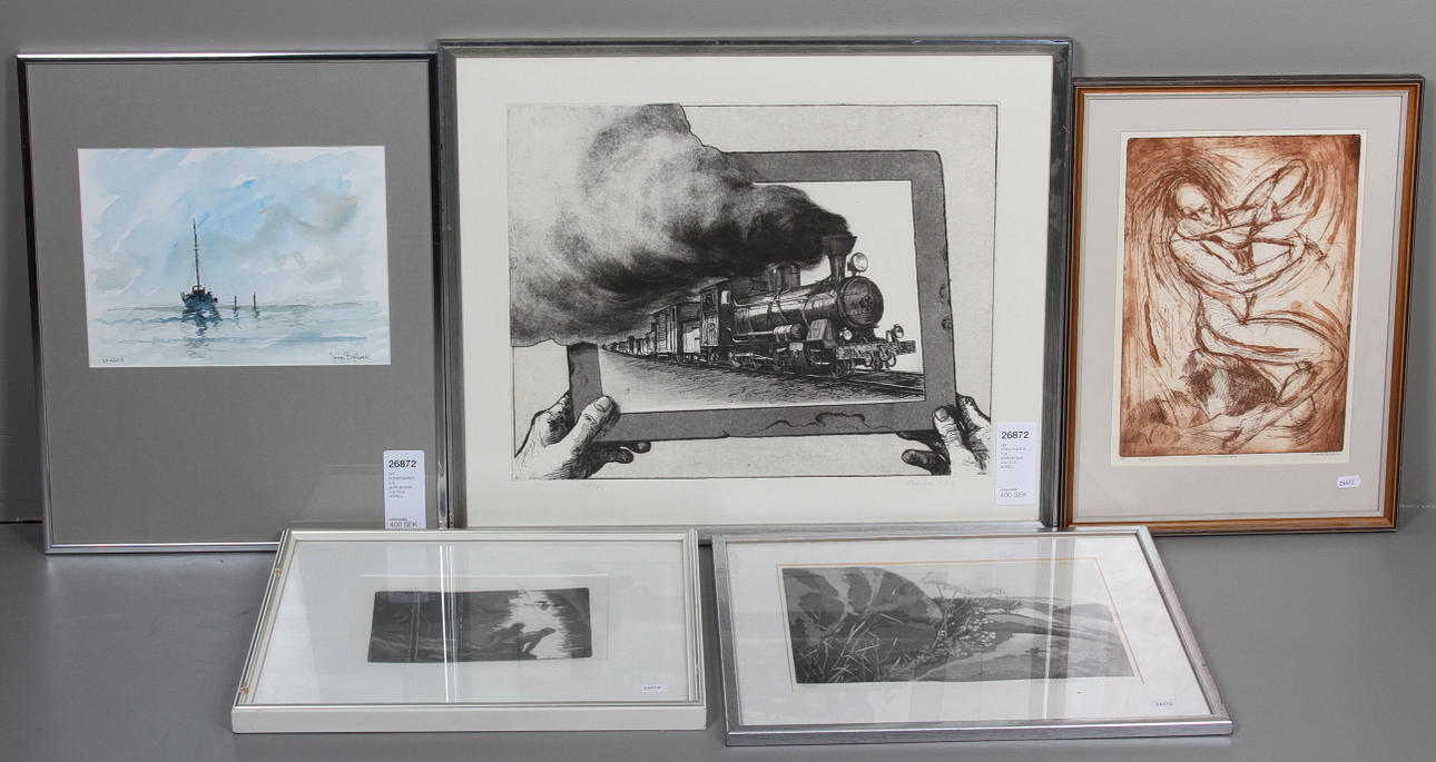 DIV KONSTNÄRER, 5 st, grafik/akvarell. b.la OLLE AGNELL.