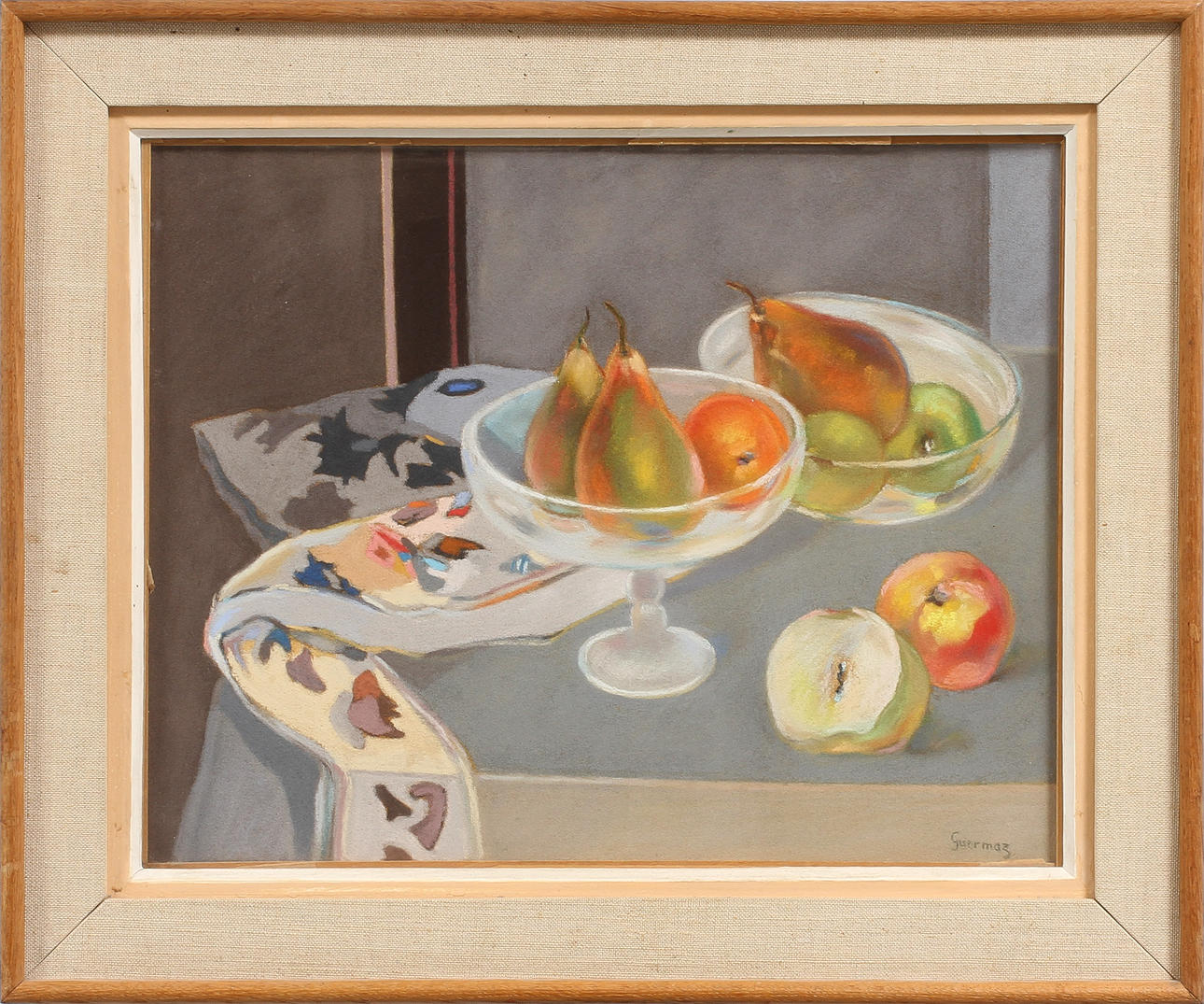 ABDELKADER GUERMAZ. Stilleben med frukter i skålar. Pastell, signerad.