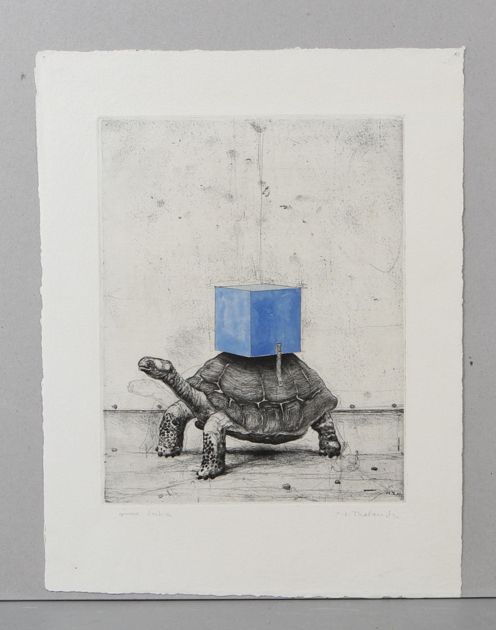 PÄR GUNNAR THELANDER. sköldpadda med blå kub, etsning, EA, signerad.