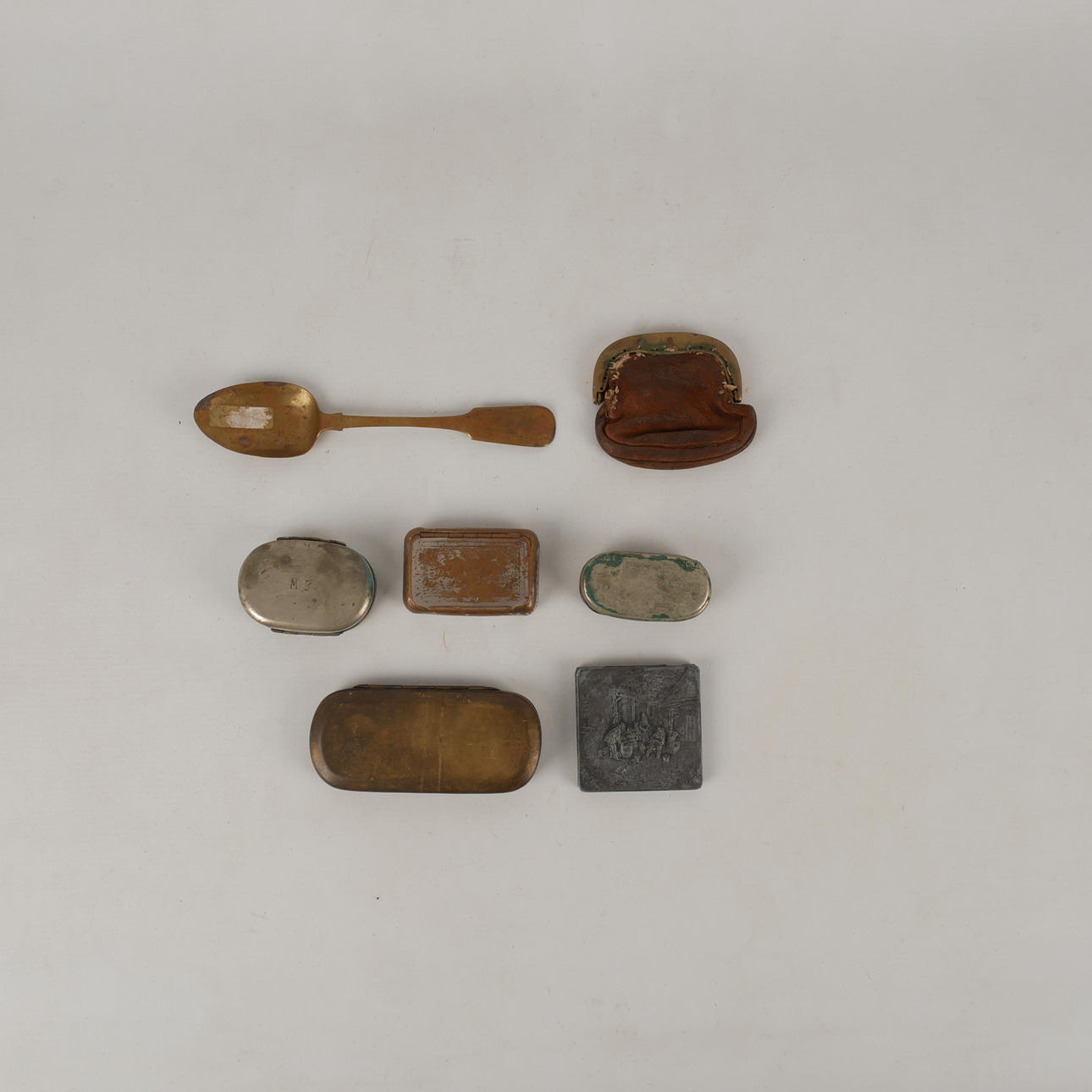 CALENDAR BOX, SNUFF BOXES, PURSE, SPOON. Mid-19th century.