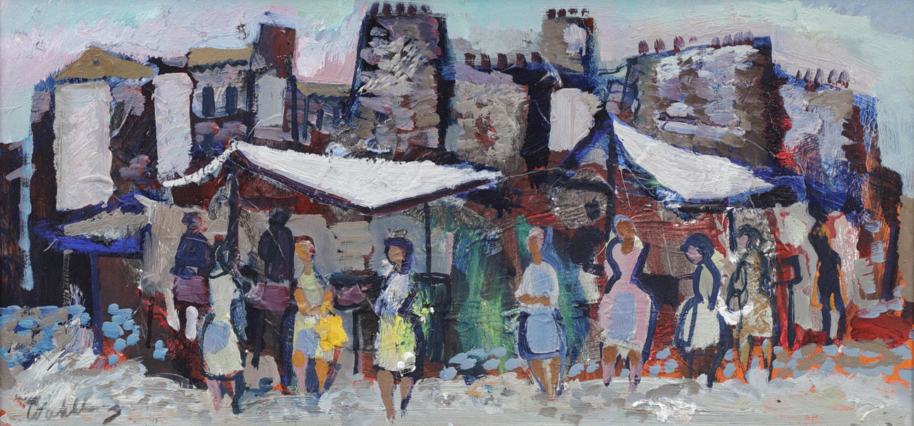 BERTIL WAHLBERG. Torghandel, oil on Board, signed.