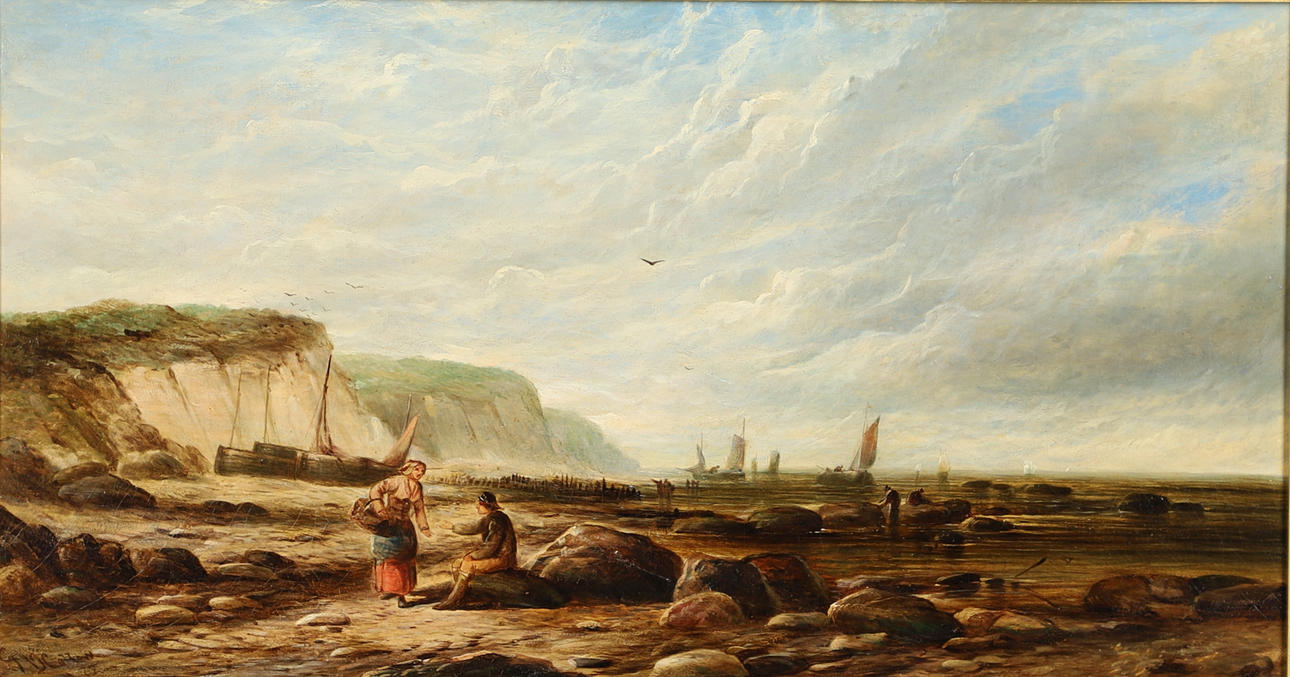 GEORGE DODGSON CALLOW (1929-1875). FISHERFOLK AT LOW TIDE, POSSIBLY ON THE ISLE OF WIGHT.