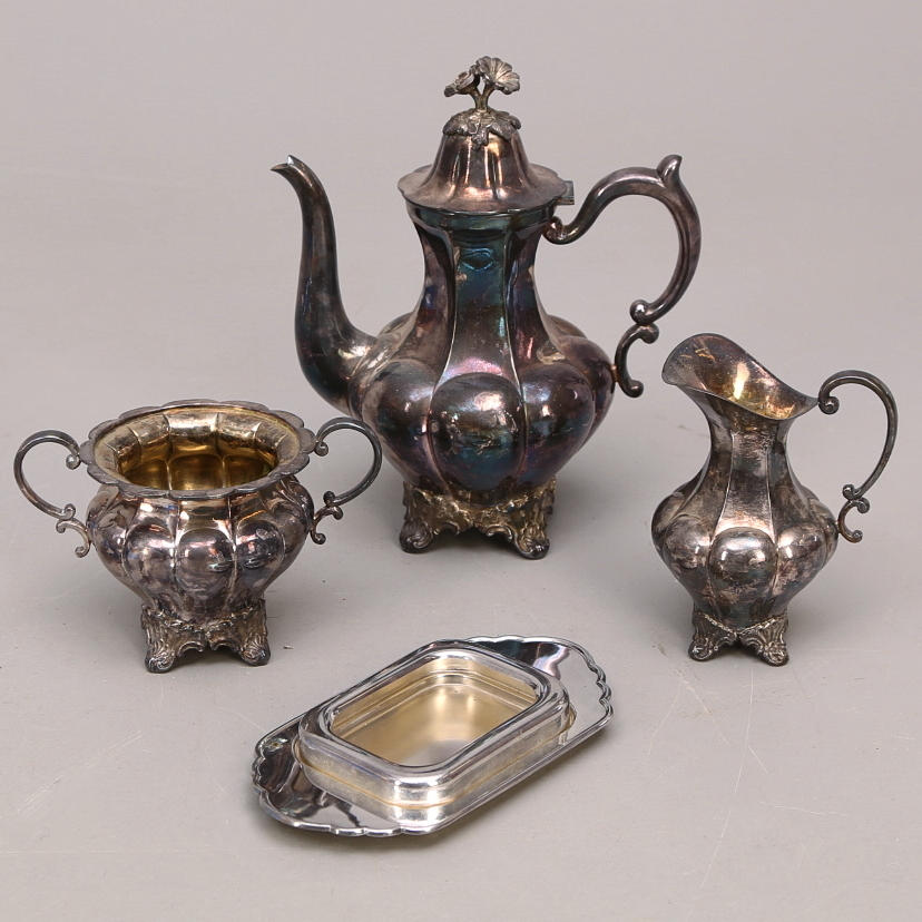 KAFFESERVIS 3 del, rokokostil, nysilver + SARDINHÅLLARE.