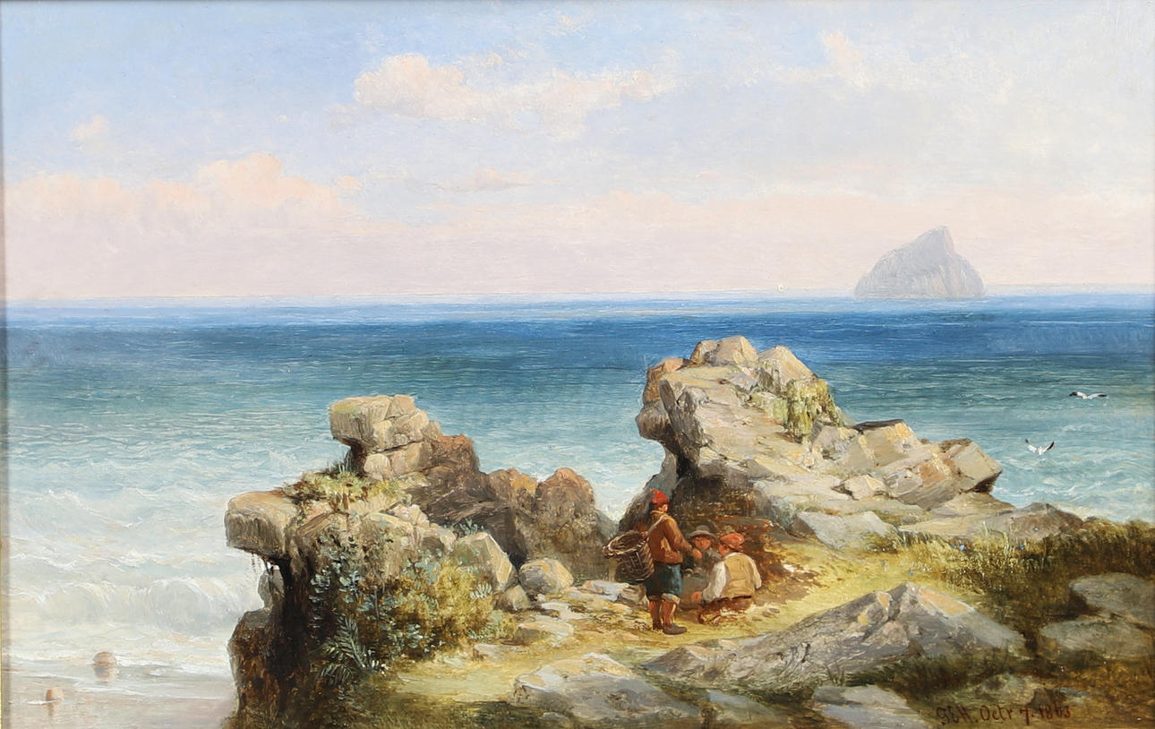 GEORGE EDWARDS HERING (1805-1879). FISHERMEN ON A CRAG BY THE FIRTH OF FORTH, BASS ROCK BEYOND.