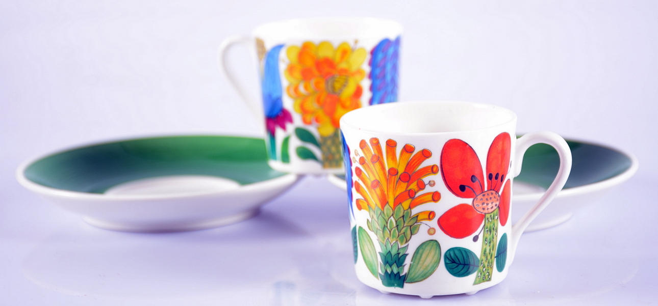 KAFFEKOPPAR, med fat, 2 st, "Tahiti", Stig Lindberg, Gustavsberg.