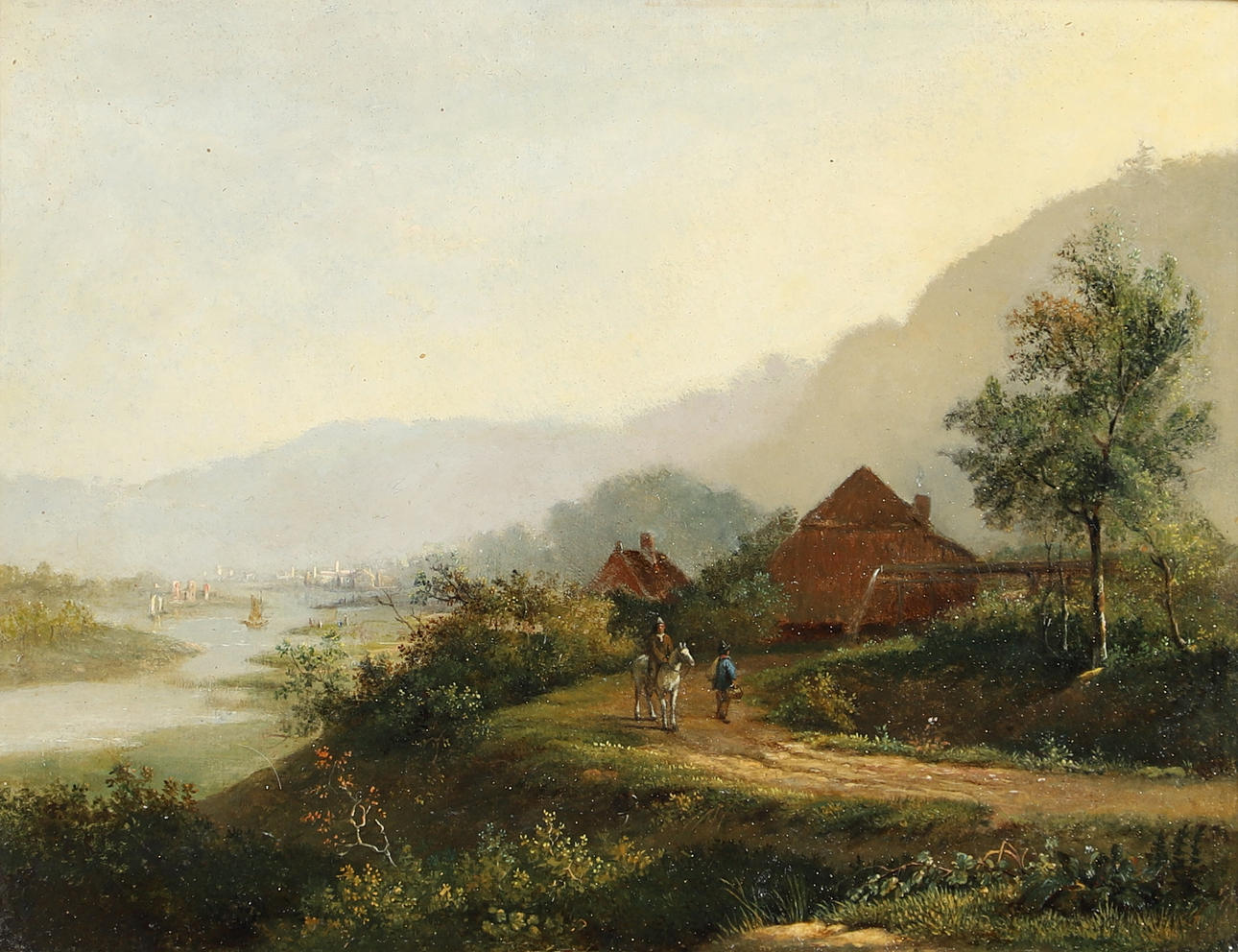FOLLOWER OF BAREND CORNELIS KOEKKOEK (1803-1862). FIGURES WITH A HORSE BY COTTAGES ON A COUNTRY ROAD ABOVE A RIVER.