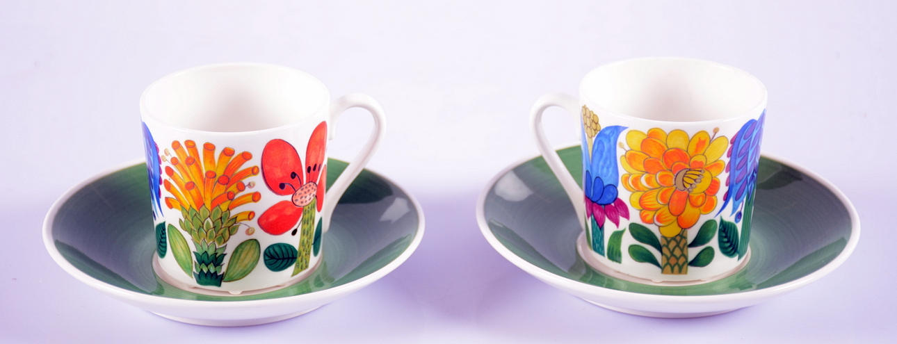 KAFFEKOPPAR, med fat, 2 st, "Tahiti", Stig Lindberg, Gustavsberg.