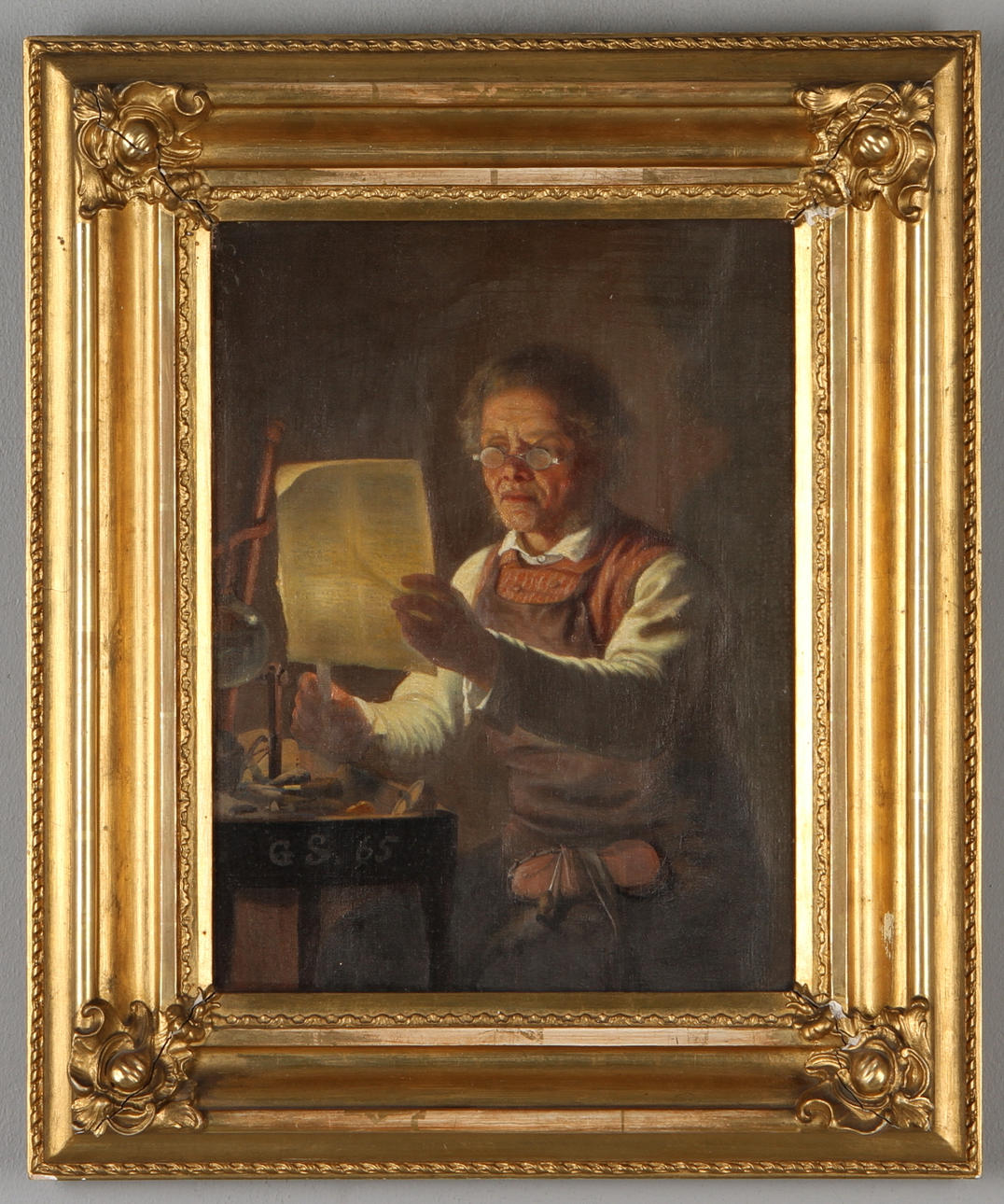 OKÄND KONSTNÄR. Kemisten, olja på duk, monogramsignerad och daterad GS 65.