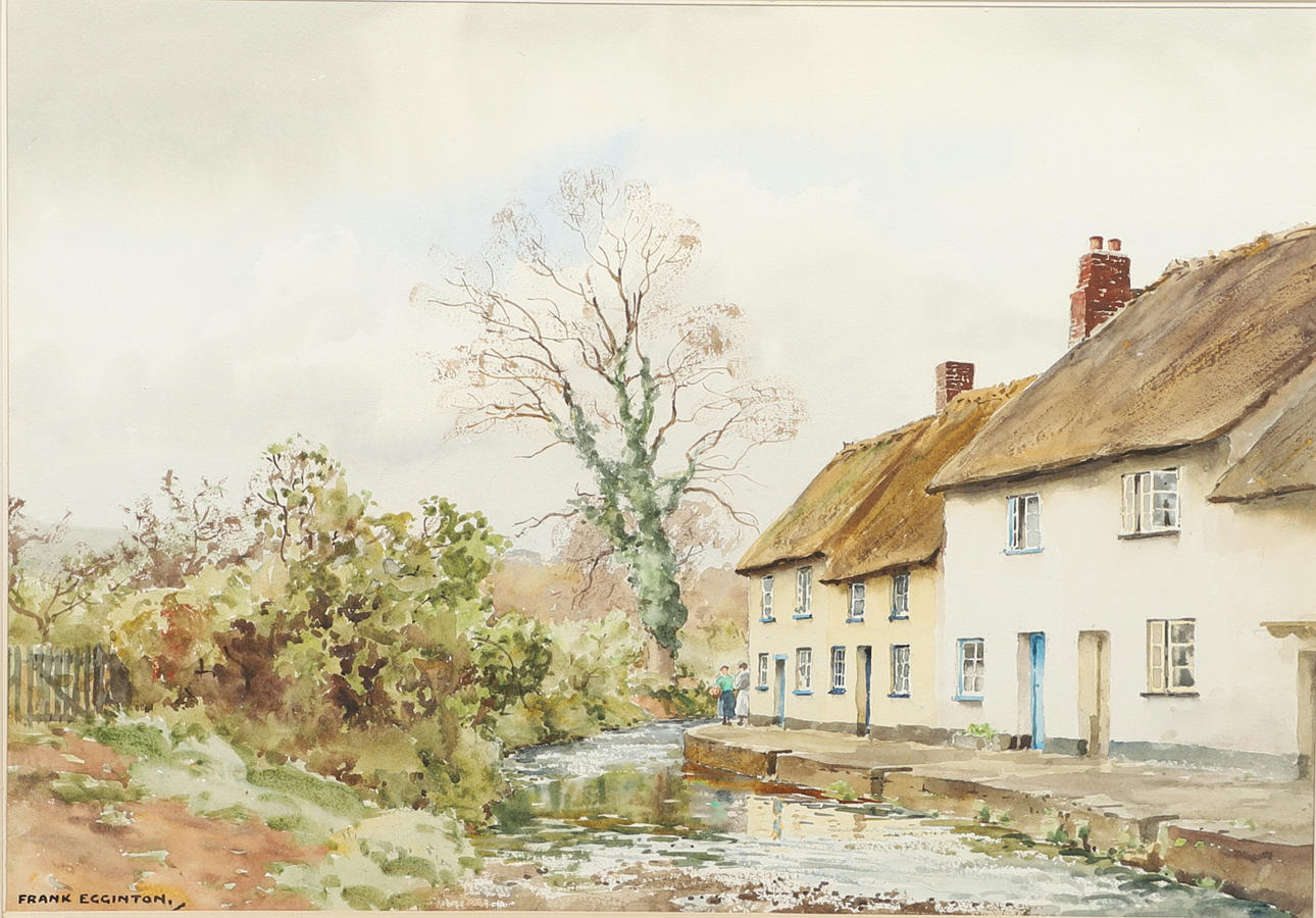 FRANK EGGINTON (1908-1990). COTTAGES BY A RIVER.