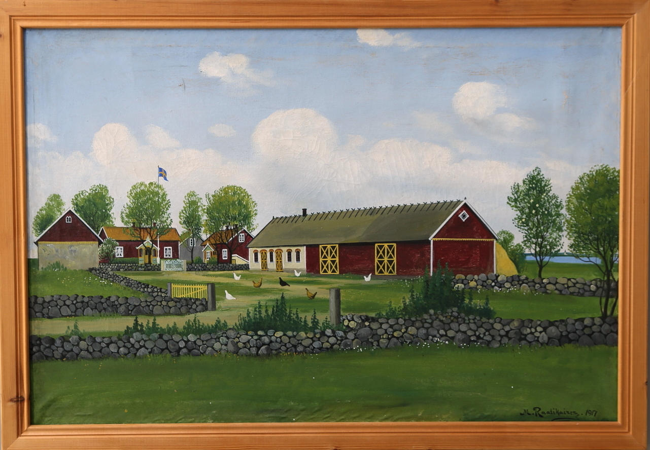M. RAATIKAINEN. Olja på duk, gårdsmiljö, signerad och daterad 1917.