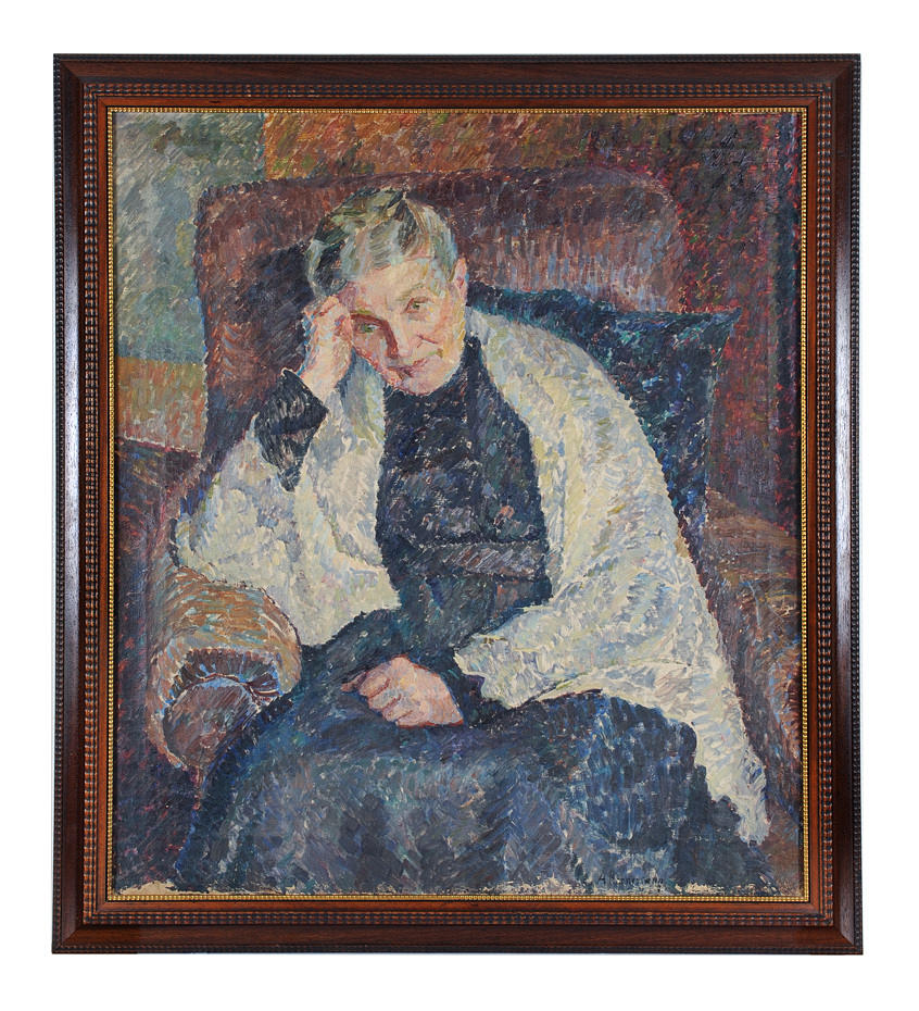 ANNA BORNEMANN. ”OLJEMÅLNING POINTILLISTIC IMPRESSIONISM PORTRÄTT E. GAMMAL DAM ”. cca 1910.