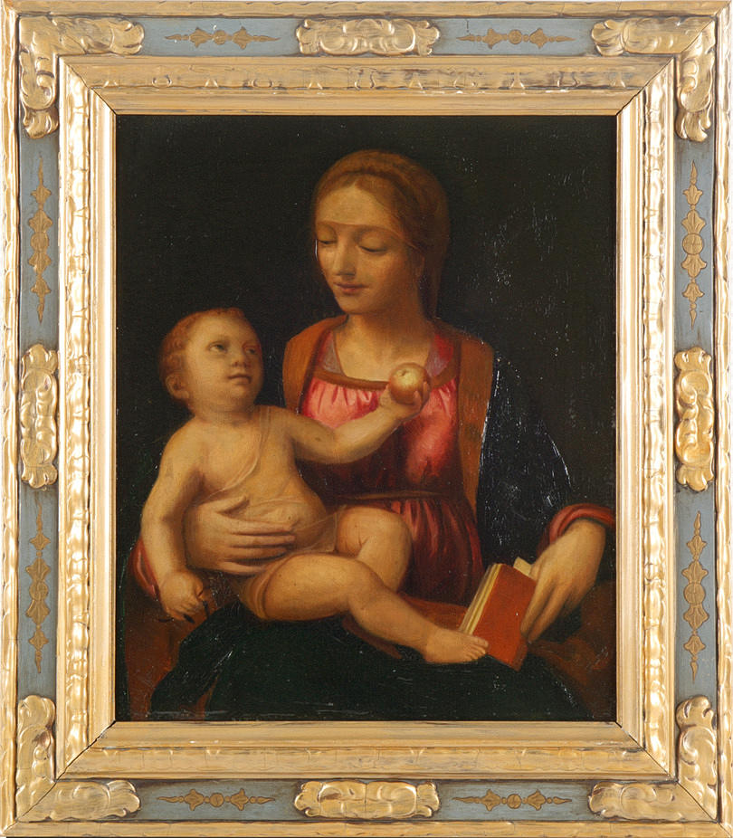 MILANISISCHE SCHULE. HANS ART. ”OLJEMÅLNING MADONNA MED BABY JESUS”. Attribut äpple, palm gren & bok, ca. 1890.