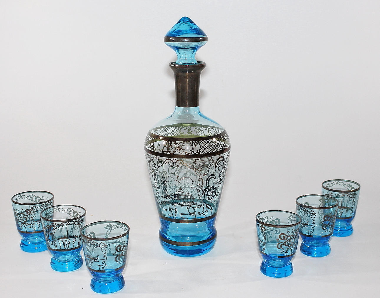 KARAFF samt GLAS, 7 delar, med silverdekor "Murano".