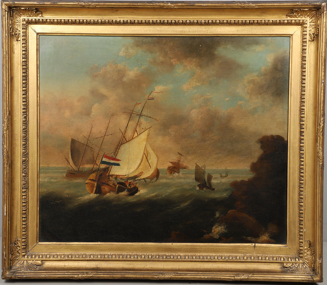 CIRCLE OF CHARLES MARTIN POWELL (1775-1824). A DUTCH FISHING BOAT WITH OTHER VESSELS OFF A ROCKY SHORE.