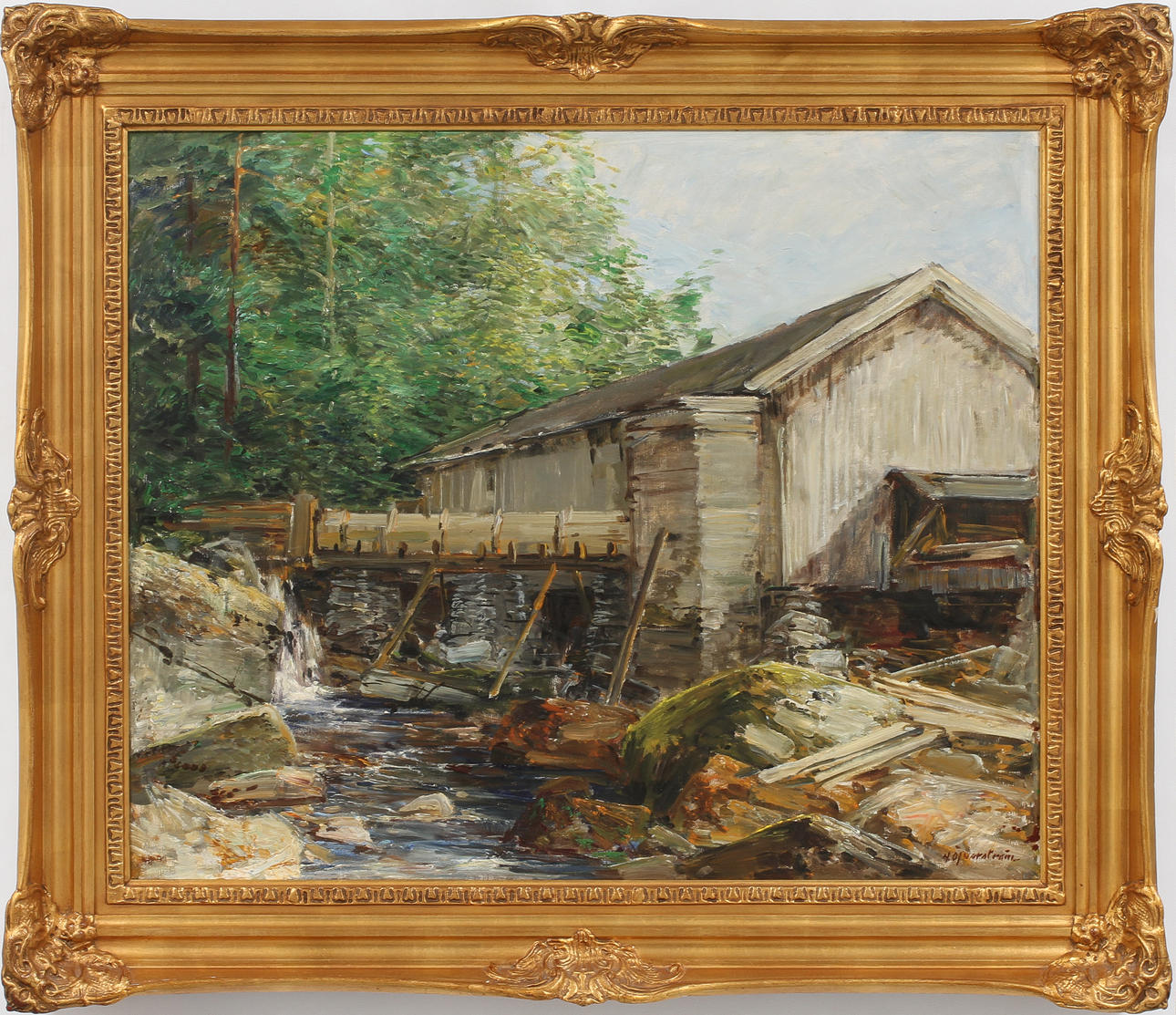 HUGO ÖFVERSTRÖM. Sågverk vid en bäck, olja på duk, signerad.