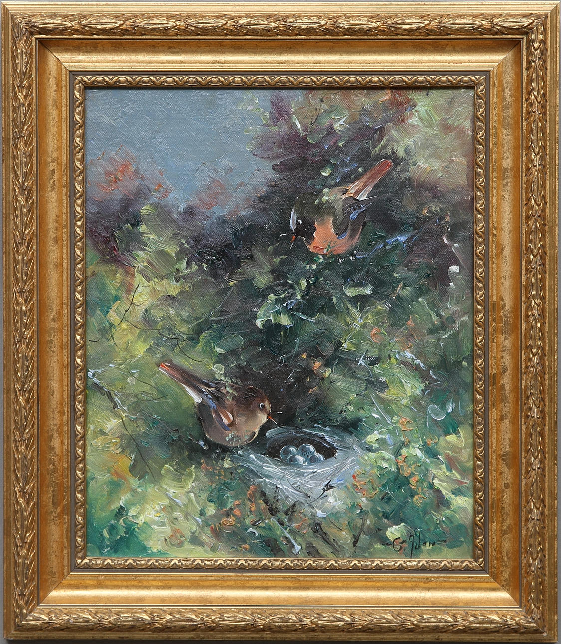 GUSTAV ADON. "Rödstjärt". Olja på duk, signerad.