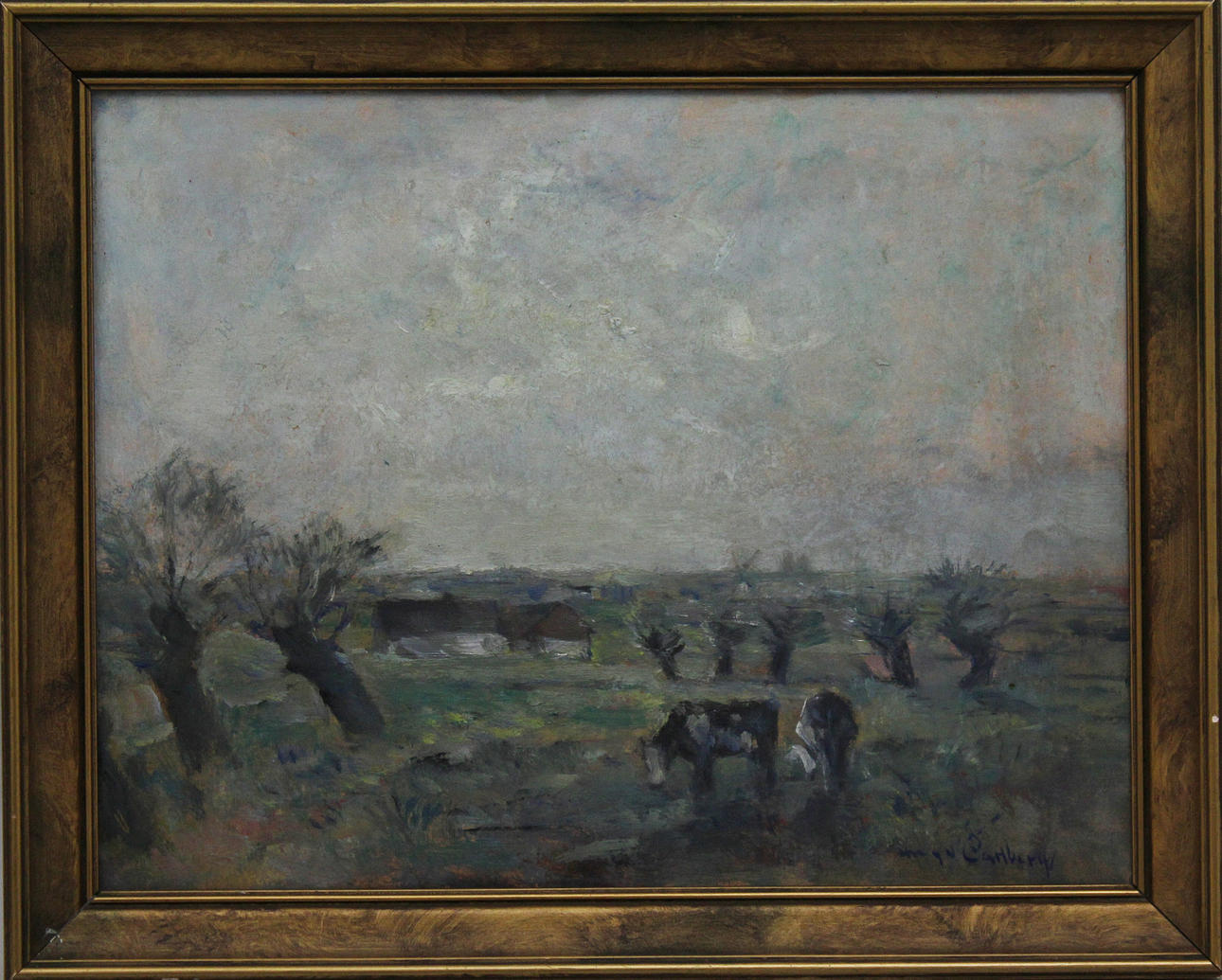 HUGO CARLBERG. Landskap med djur. Olja på träpannå. Signerad.