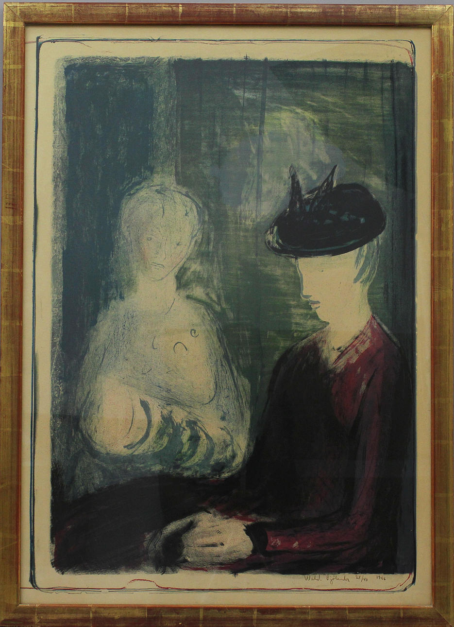 WALDEMAR SJÖLANDER. Kvinna och barn. Färglitografi. Signerad Wald Sjölander och daterad 1946. 28/40.