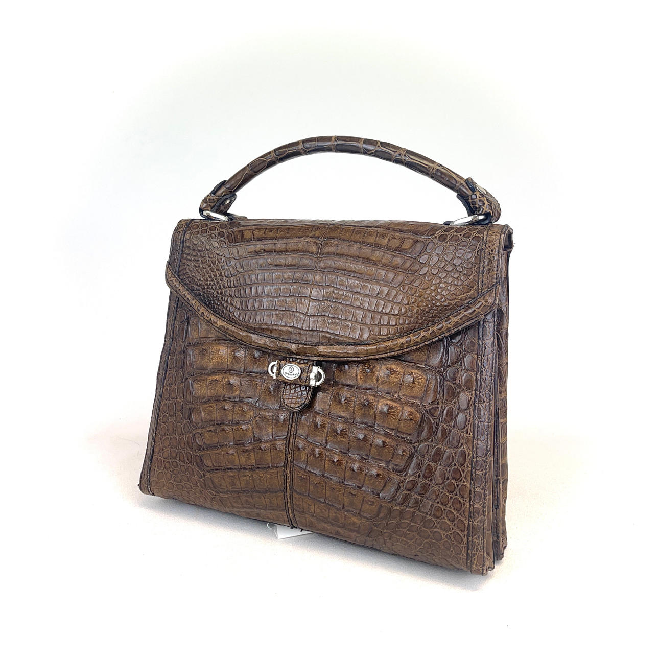 VINTAGE GOLD PFEIL STUDIO BROWN CROCODILE PATTERN LEATHER FLAP BAG.