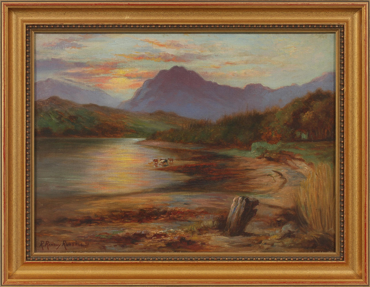 R RAMSAY RUSSELL. TILLSKRIVEN. Landskap med boskap, olja på duk, signerad.