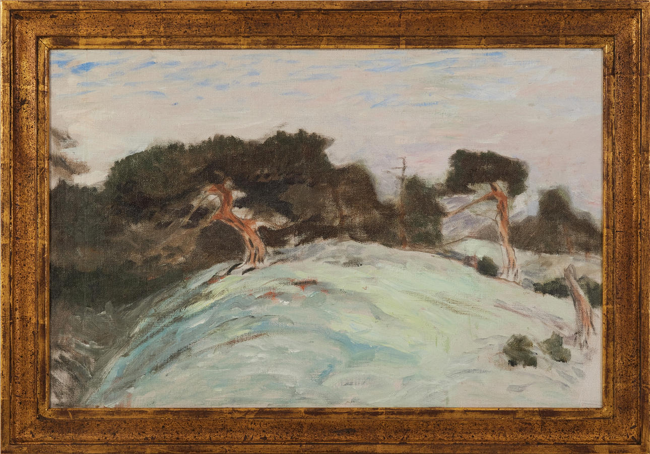 BRUNO LILJEFORS. Attributed to. Pine trees, oil on canvas mounted on Board, outer edges in pencil, unsigned sketch.