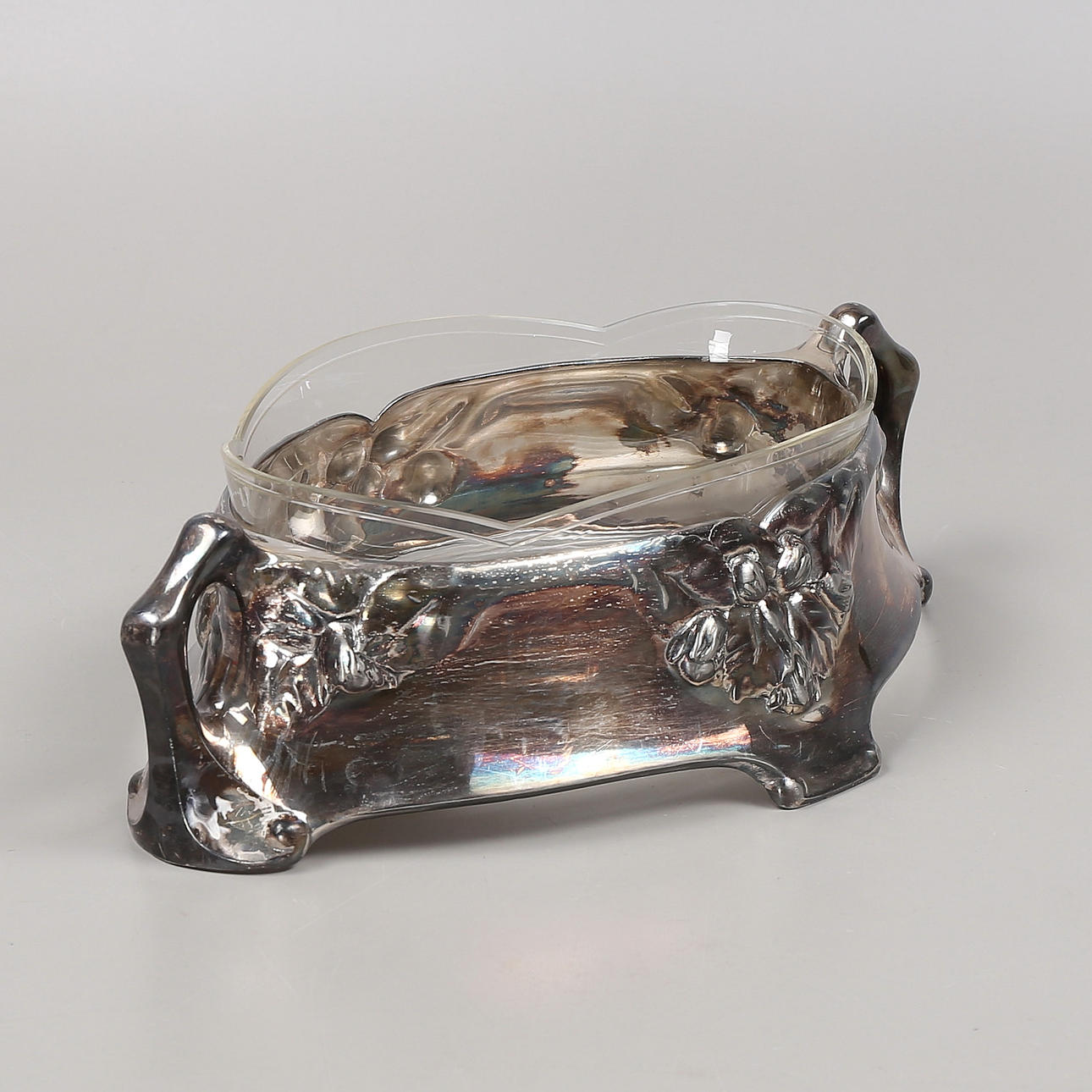 JARDINIERE, Neusilber UND GLAS, JUGENDSTIL.