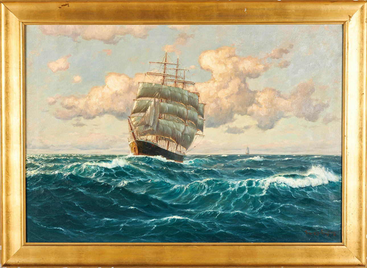 FRÄNZIS GLÜZING. Ship on the open sea, oil on canvas, signed.