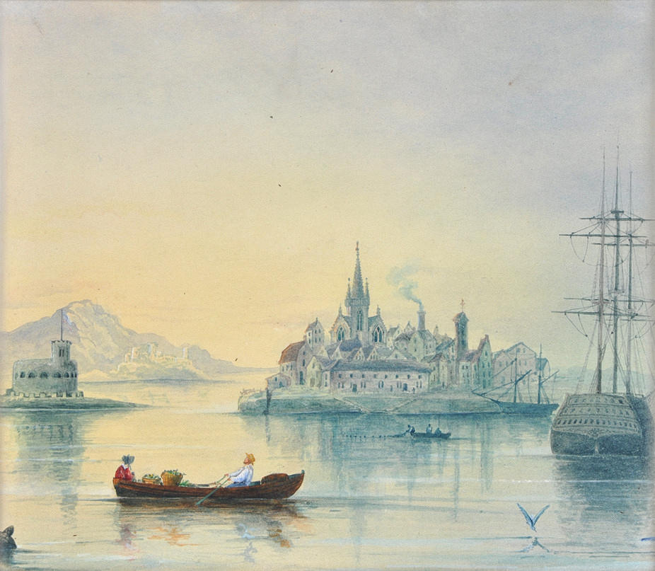 THEOPHIL BECK. TILLSKRIVEN. ”AKVARELL 1800-TAL, ROMANTISK”. Pittoreska målade marinmålning.