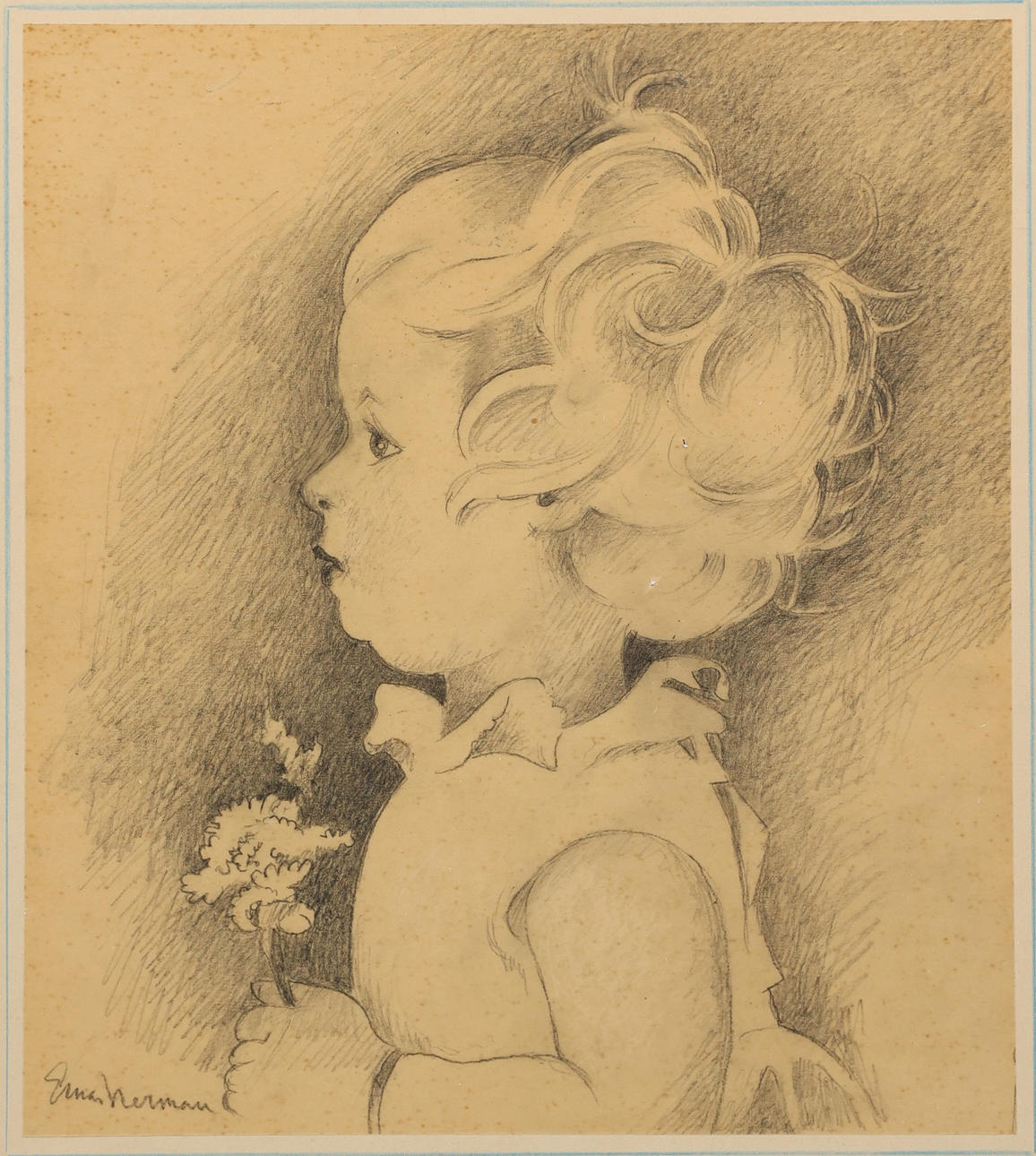 EINAR NERMAN. Girl with flower, drawing, signed.
