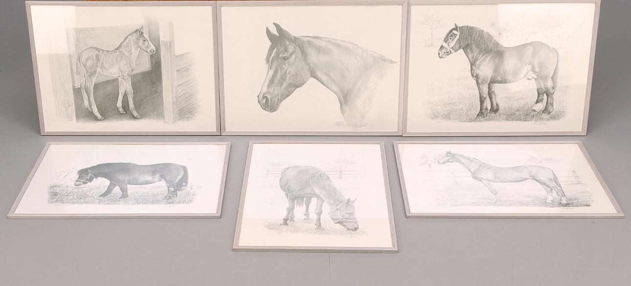 TRYCK av litografier efter Stig Blank, hästmotiv, 6 st.