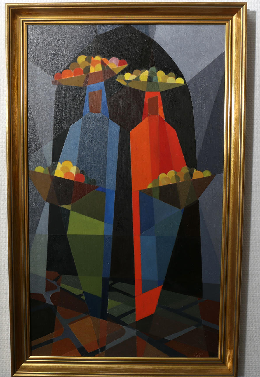 GÖSTA IDÅS. Olja på pannå, Kvinnor med citrusfrukter, signerad Idås -67.