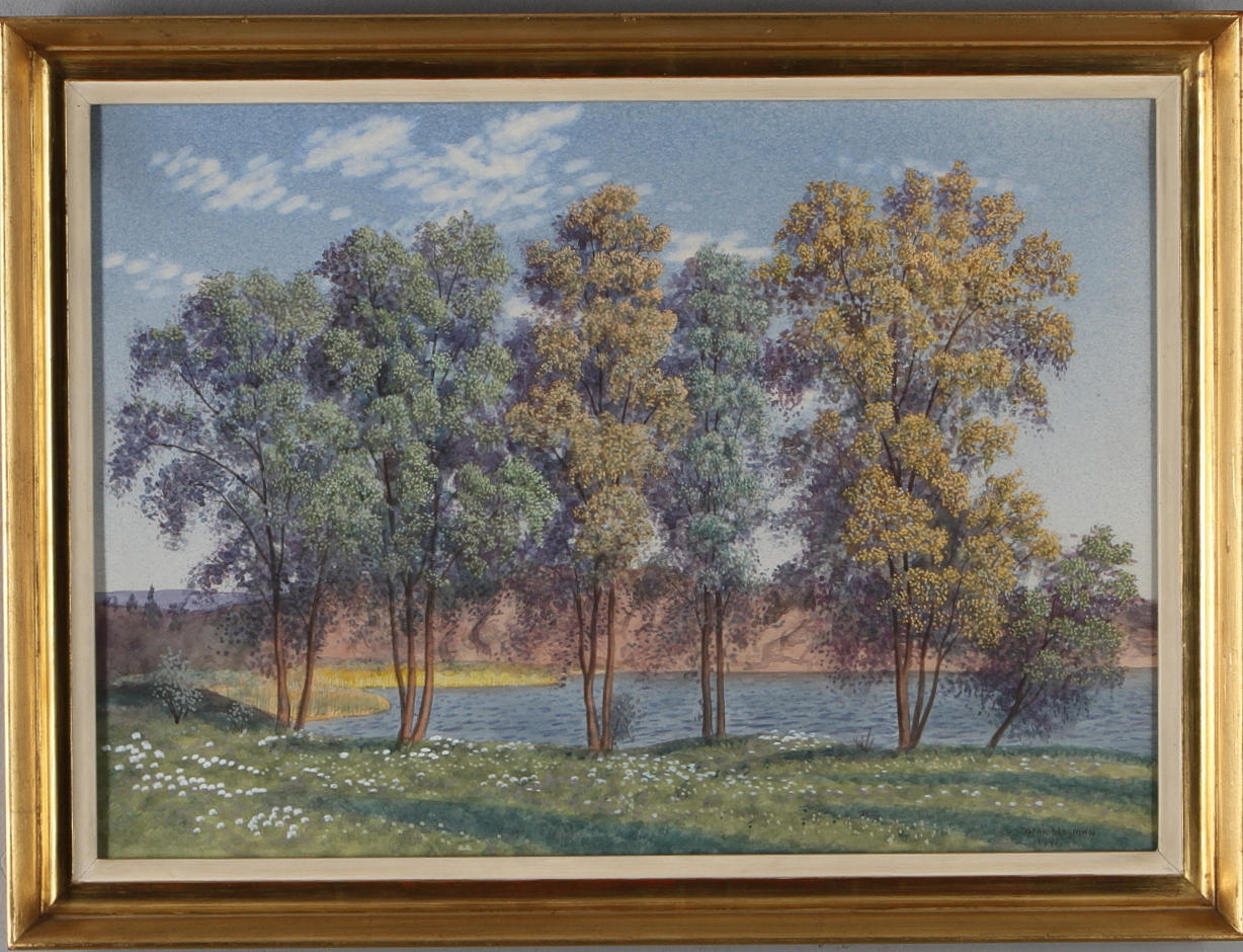 OSKAR BERGMAN. Vårlandskap, akvarell, signerad och daterad 1946.