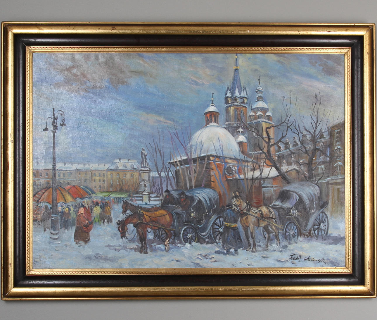 OKÄND KONSTNÄR. Polen. "Torgscen, Krakow". Olja på duk, otydligt signerad.