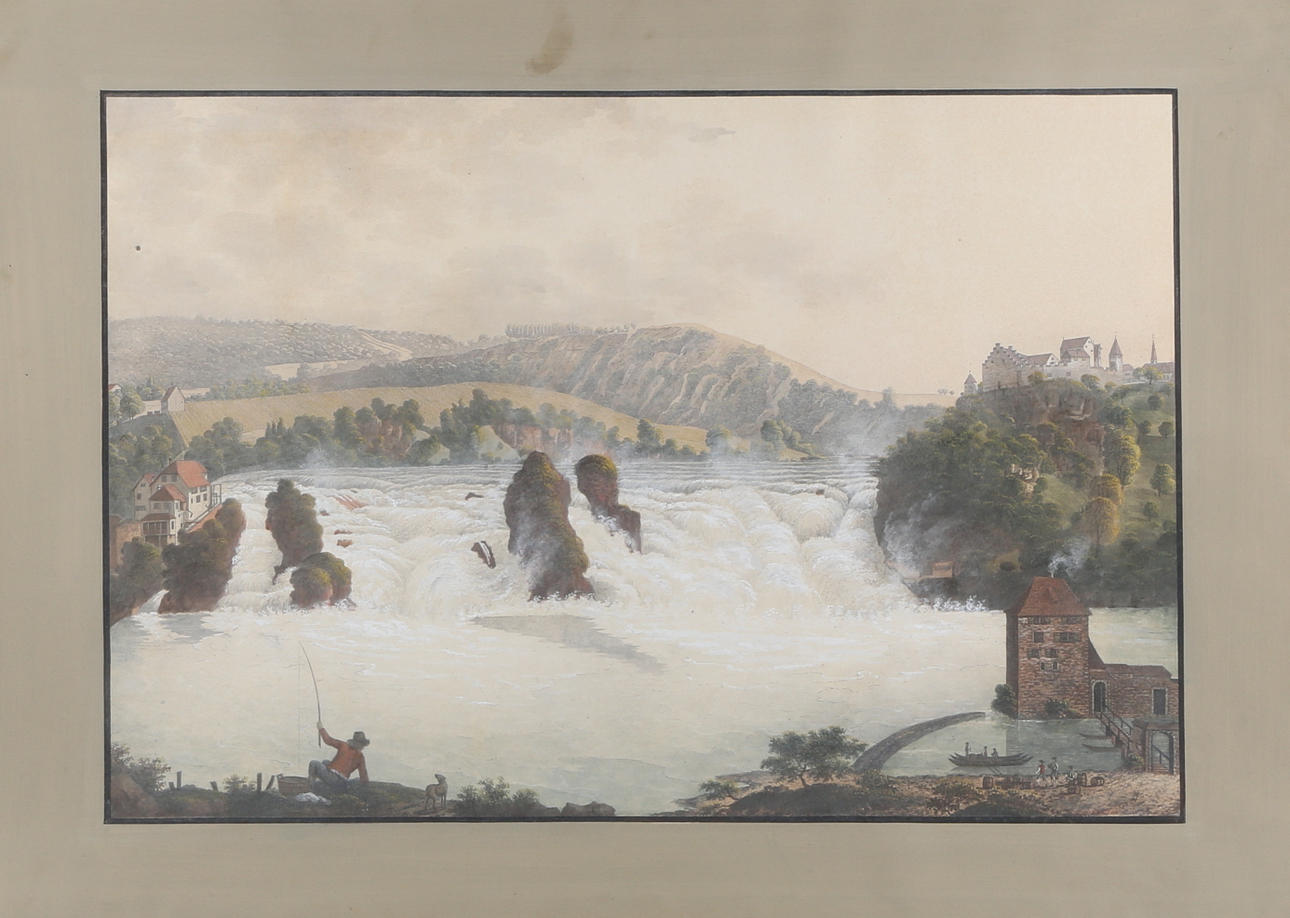 OIDENTIFIERAD KONSTNÄR. Vattenfall, konturetsning färglagd akvarell, gouache. Johann ludwig (Louis) Bleuler.