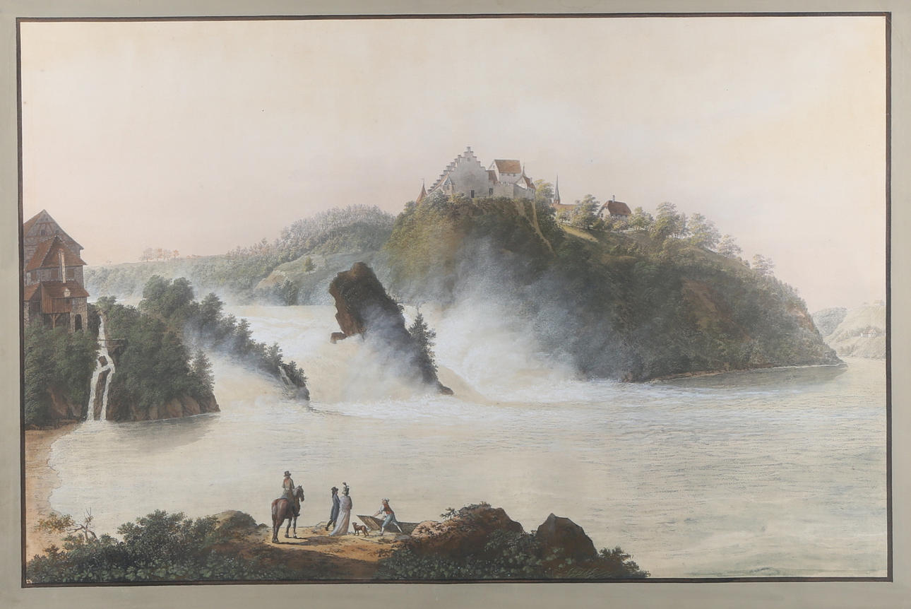 OIDENTIFIERAD KONSTNÄR. Vattenfall med människor i förgrunden, konturetsning färglagd akvarell/gouache. Johann Ludwig (Louis) Bleuler.