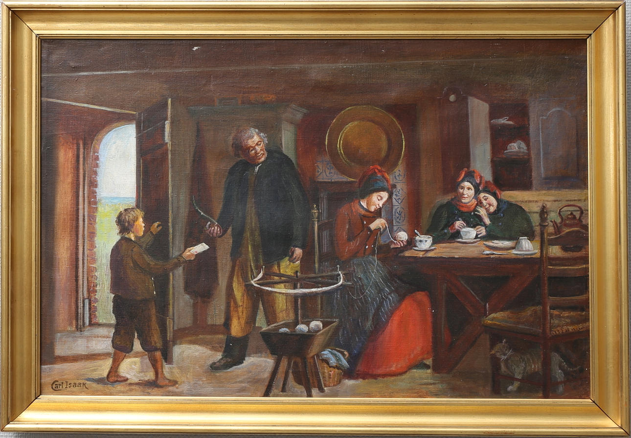 OIDENTIFIERAD KONSTNÄR. Interiör med figurer. Olja på duk, signerad Carl Isaak.