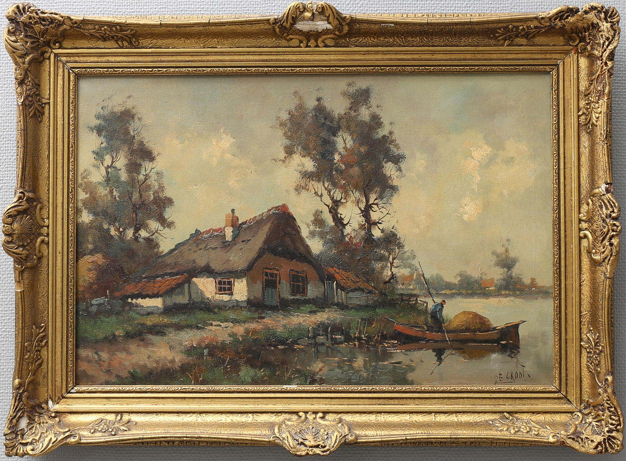OIDENTIFIERAD KONSTNÄR. Stuga och man i eka. Olja på duk, signerad De Groot.