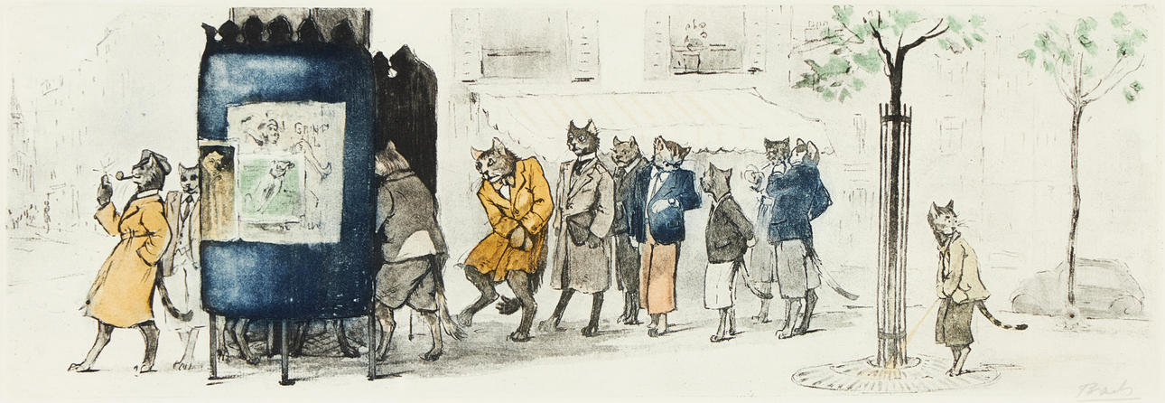 BORIS O’KLEIN. Cat queue, signed in pencil, graphic sheet.